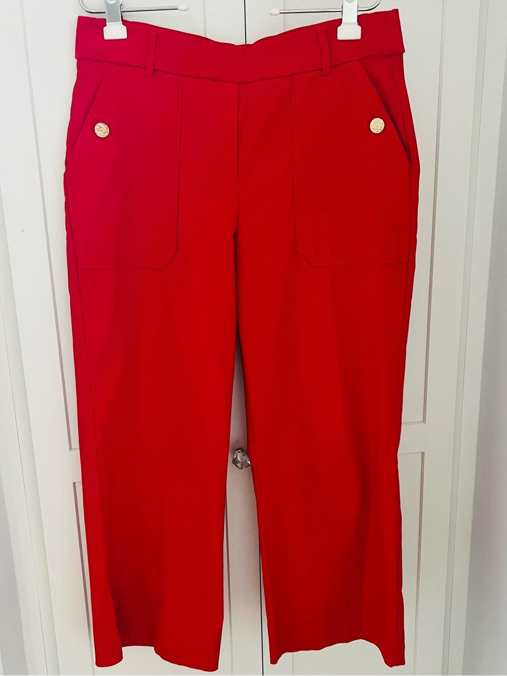 Jules & Leopold Bright Red Wide-Leg Trousers with Gold Buttons